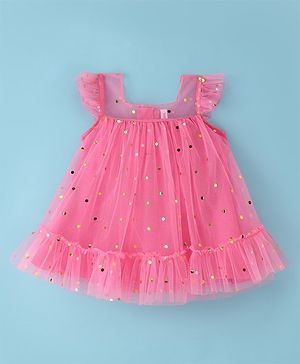 Babyhug Woven Sleeveless Foil Printed Fit And Flare Party Frock - Pink