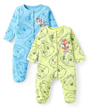 Babyhug Disney Interlock Knit Full Sleeves Footed Sleepsuits With Chip N Dale Print Pack Of 2 -  Light Blue Green
