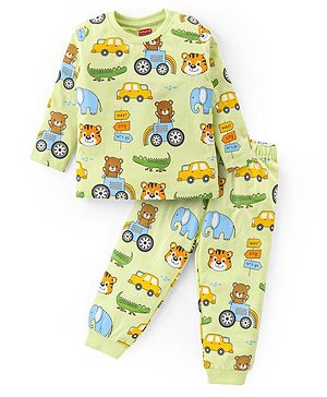 Babyhug Cotton Knit Full Sleeves Night Suit with Vehicle Print - Green