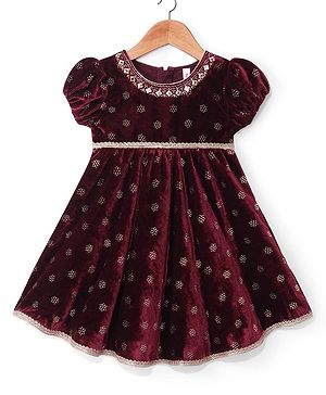 Babyhug Woven Velvet Puffed Sleeves Foil Printed Embroidered Ethnic Dress - Maroon
