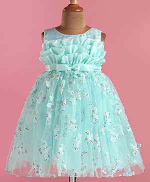 Babyhug Woven Sleeveless Fit & Flare Party Frock with Floral 3D Applique - Turquoise