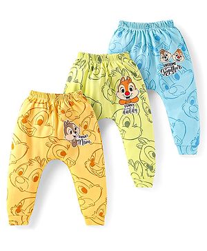 Babyhug Disney Interlock Knit Full Length Diaper Leggings with Chip N Dale Graphics Pack of 3 - Blue Yellow & Green