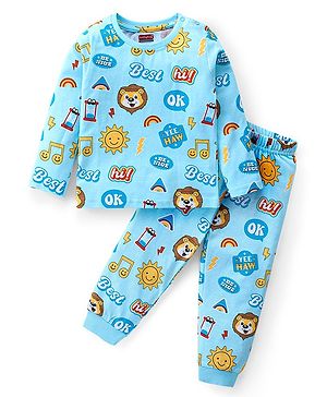 Babyhug Cotton Knit Full Sleeves Night Suit Lion Print- Sky Blue