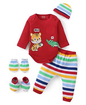 Babyhug 100% Cotton Knit Full Sleeves Onesies with Striped Leggings Cap Mittens & Booties Animal Print - Red