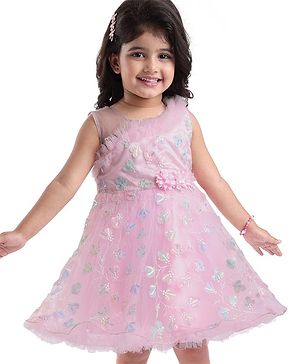Babyhug Woven Sleeveless Fit & Flared Party Frock with Corsage Applique & Sequin Embroidery - Baby Pink