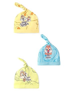 Babyhug Disney Interlock Knit Knot Caps with Chip n Dale Graphics Blue & Yellow Pack of 3 - Diameter 10.5 cm