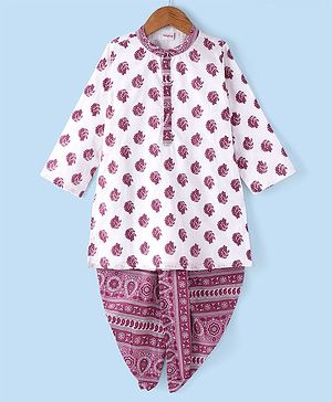 Babyhug Cotton Woven Cambric Full Sleeves Kurta Dhoti Set Paisley Print - White & Purple