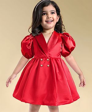 Babyhug Woven Half Puffed Sleeves Fit & Flared Solid Colour Collared Party Frock with Applique  - Red