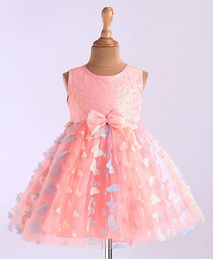 Babyhug Woven Full Sleeves Party Frock With Sequin Embroidery & Floral & Butterfly Applique - Pink