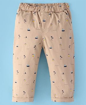 Ollypop Cotton Woven Full Length Beach Theme Print Lounge Pant - Beige