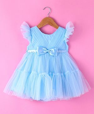 Babyhug Woven Sleeveless Fit and Flare Party Frock with Bow Applique & Frill Detailing - Light Blue