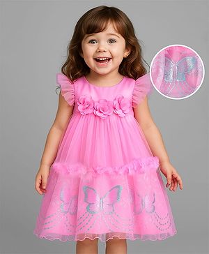 Babyhug Woven Frill Sleeves A Line Party Frock with Butterfly Embroidery & Floral Applique - Pink