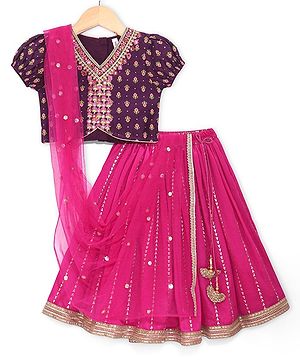 Babyhug Woven Short Sleeves Floral Printed Choli With Sequin Embroidered Lehenga & Dupatta Set - Fuschia