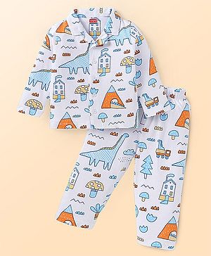 Babyhug Cotton Woven Full Sleeves Night Suit with Dino Print - White