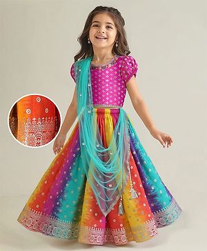 Babyhug Short Sleeves Floral Embroidered Pattu Pavada Lehenga Choli Set With Dupatta - Pink Orange & Yellow