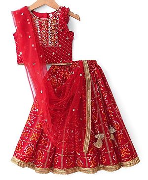Babyhug Woven Sleeveless Bandhani Print & Mirror Embroidered Choli Lehenga Set with Dupatta & Lace Detailing - Red