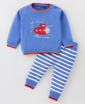 ToffyHouse Cotton Knit Full Sleeves Winter Wear Sweatshirt  & Lounge Pant Set with Submarine Design - Blue