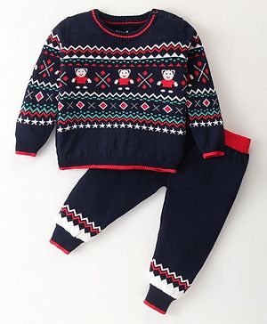 ToffyHouse Cotton Sweater Knit Full Sleeves Winter Wear Set With Teddy & Chevron Print - Navy