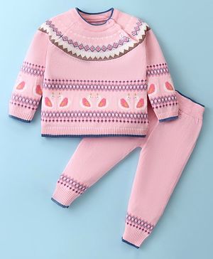 ToffyHouse Cotton Sweater Knit Full Sleeves Winter Wear Set With Chevron & Birds Print - Light Pink