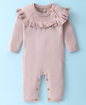 ToffyHouse Cotton Knitted Full Raglan Sleeves Winter Wear Solid Colour Romper with Frill Detailing - Rose Gold