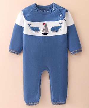 ToffyHouse Cotton  Knitted Full Raglan Sleeves Winter Wear Romper with Whale Patch - Blue