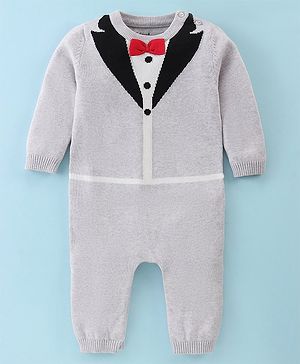 ToffyHouse Cotton Knitted Full Sleeves Winter Wear Designed Romper with Bow Applique - Grey