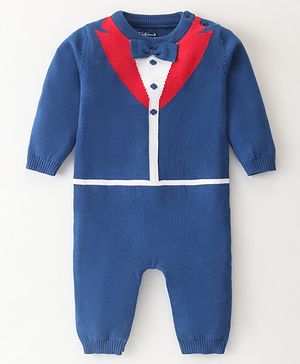 ToffyHouse Cotton Knitted Full Sleeves Winter Wear Designed Romper with Bow Applique - Blue