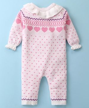 ToffyHouse Cotton Knitted Full Raglan  Sleeves Heart Designed Sweater Romper with Frill Detailing - Pink