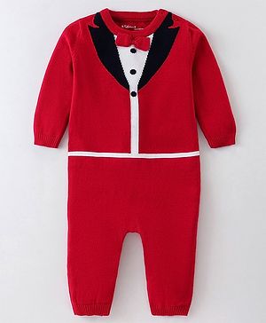 ToffyHouse Knitted Full Sleeves Winter Wear Romper With Collar Design & Bow Applique - Red