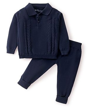 ToffyHouse Cotton Sweater Knit Full Sleeves Collared Solid Winter Wear Set - Navy