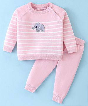 ToffyHouse Cotton Knitted Full Raglan Sleeves Sweater Set With Stripes & Elephant Design - Baby Pink