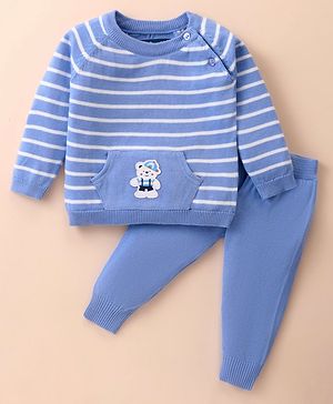 ToffyHouse Knitted Cotton Raglan Sleeves Striped Winter Wear Set With Kangaroo Pockets & Teddy Patch - Blue