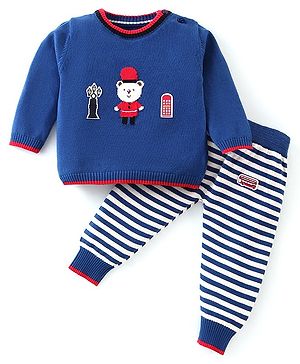 ToffyHouse Cotton Knitted Full Sleeves Sweater Set With Stripes & London City Theme Design - Navy