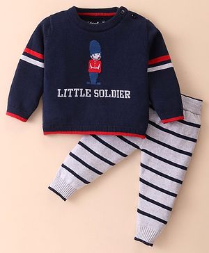 ToffyHouse Knitted Cotton Full Sleeves Winter Wear Set With Stripes & Soldier Design - Navy & Light Grey