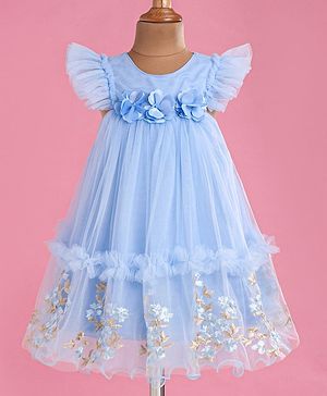 Babyhug Woven Sleeveless Fit and Flare Party Frock with Corsage Applique & Floral Embroidery Detailing - Light Blue
