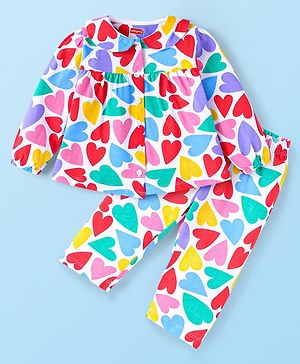 Babyhug Cotton Knit Full Sleeves Peter Pan Collared Front Open Night Suit With Hearts Print - White