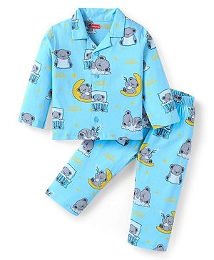 Babyhug Cotton Knit Full Sleeves Front open Night Suit With Koala Print - Light Blue