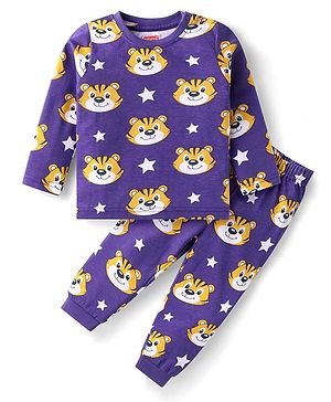 Babyhug Cotton Knit Full Sleeves Night Suit With Tiger Print - Purple