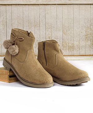 Pine Kids Slip On Winter Boots with Zipper Closure & Pom Pom Applique - Brown