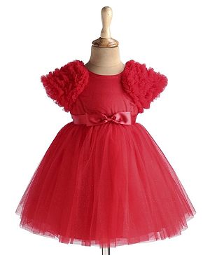 Babyhug Woven Half Ruffle At Sleeves Shimmered Fit & Flared Party Frock with Bow Applique - Red