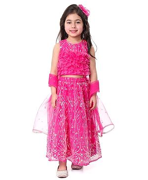 Babyhug Woven Sleeveless Sequin Embroidered Choli Lehenga Set with Dupatta & Frill Detailing - Fuschia
