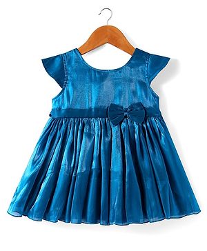 Babyhug Woven Cap Sleeves Fit & Flared Solid Colour Party Dress with Bow Applique - Navy Blue