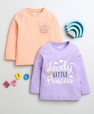 BUMZEE Cotton Pack Of 2 Full Sleeves Rainbow & Queen Girl Text Printed Tees -Lavender & Orange