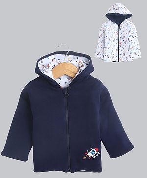 BUMZEE Cotton Full Sleeves Space Theme Printed & Embroidered Hooded Reversible Jacket - Navy Blue & White