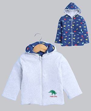 BUMZEE Cotton Full Sleeves Dinosaur Printed & Embroidered Hooded Reversible Jacket - Grey Melange & Navy Blue