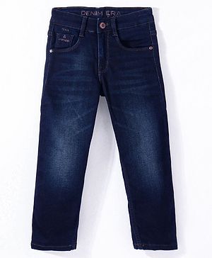 Ruff Denim Woven Washed Full Length Solid Color Jeans - Navy Blue