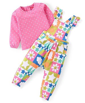 Babyhug Single Jersey Knit Dungaree & Full Sleeves T-Shirt Set Polka Dots Print - Pink