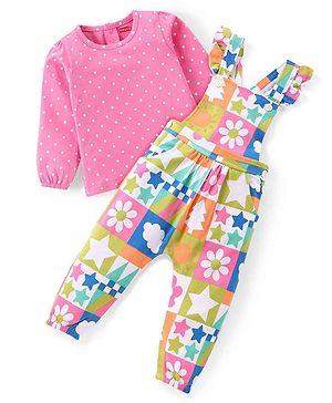 Babyhug Single Jersey Knit Dungaree & Full Sleeves T-Shirt Set Polka Dots Print - Pink