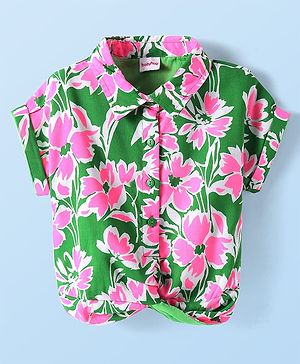 Babyhug Rayon Woven Half Sleeves Collared Floral Printed Shirt Style Top - Pink & Green