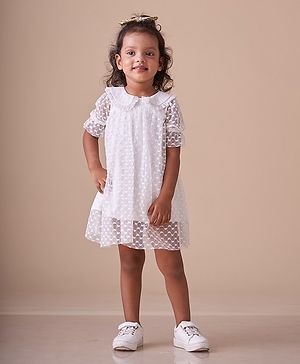 KIDSDEW Half Sleeves Lace Embellished Dobby Net Dress - White